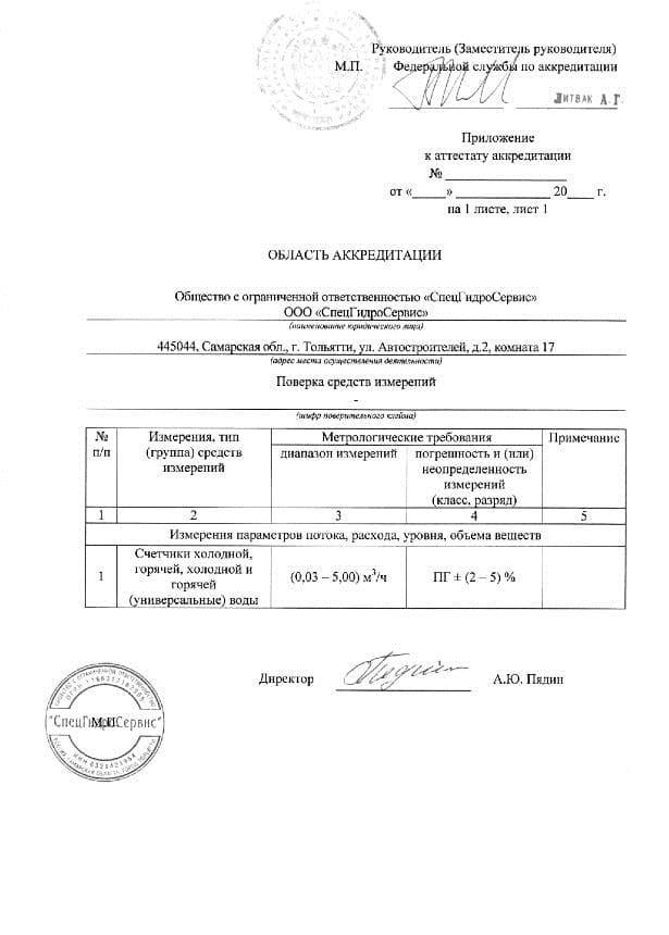 Сертификат ООО «СпецГидроСервис»